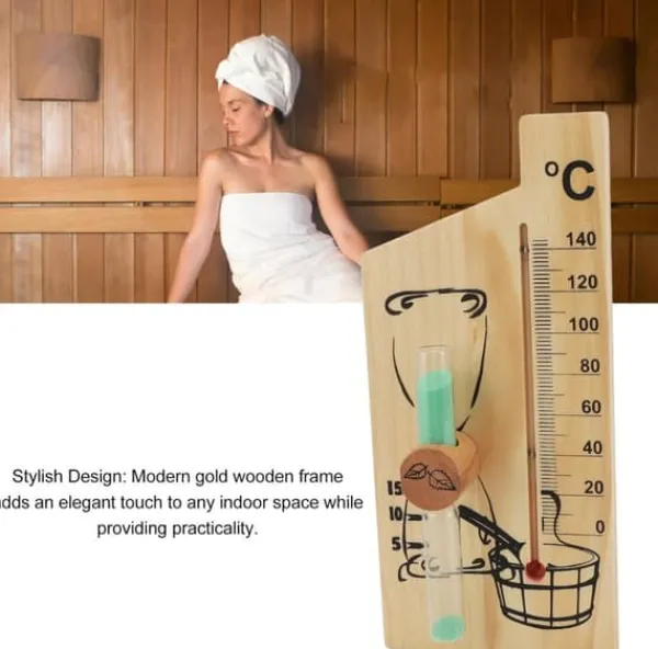 Sauna^Sauntermometer, timeglas, dampbadssaunatermometer og hygrometer, let træramme, dobbelt måler, vægmontering, indendørs brug, massiv