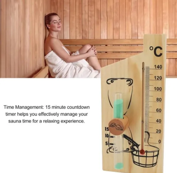 Sauna^Sauntermometer, timeglas, dampbadssaunatermometer og hygrometer, let træramme, dobbelt måler, vægmontering, indendørs brug, massiv