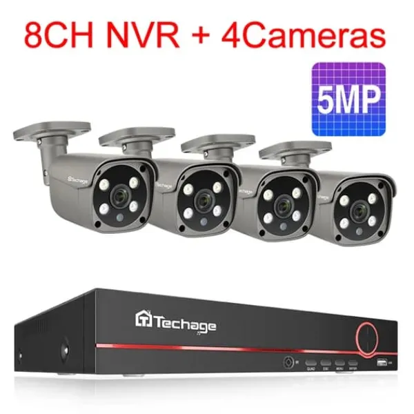 Discount Sikkerhedskamera system, 4K HD opløsning, To-vejs lyd, 3T (udendørs sport), 8CH 4 stk 5MP kamera Sikkerhedsmonitorer & Videokameraer