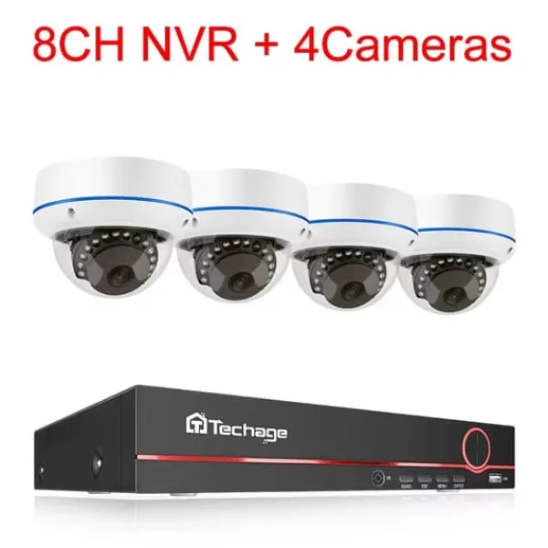 Sikkerhedsmonitorer & Videokameraer^Sikkerhedskamerasystem, 8-kanals understøttelse, bevægelsesdetekteringsalarmer,5MP NVR x 4 kameraer, 3T indbygget HDD