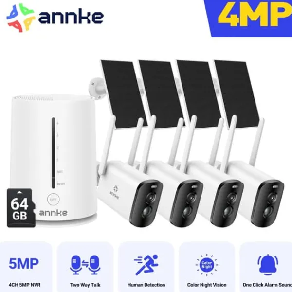 Sikkerhedsmonitorer & Videokameraer^Sikkerhedskamerasystem, 4MP opløsning, panorering og vippefunktionalitet,5200mAh 4Stk 64G