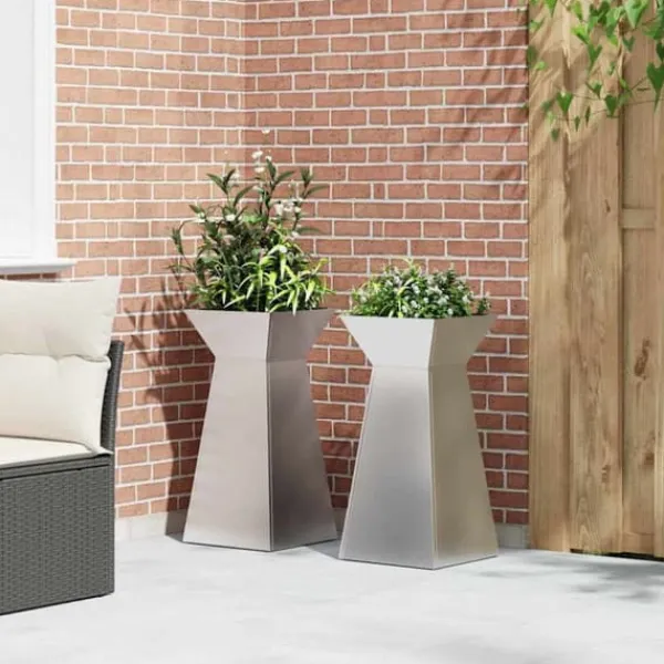 Plantestativer^Søjle Plantekasse 2 stk - Moderne Trapezoidalt Design | Farve: Sølv | Størrelse: 35x35x73 cm