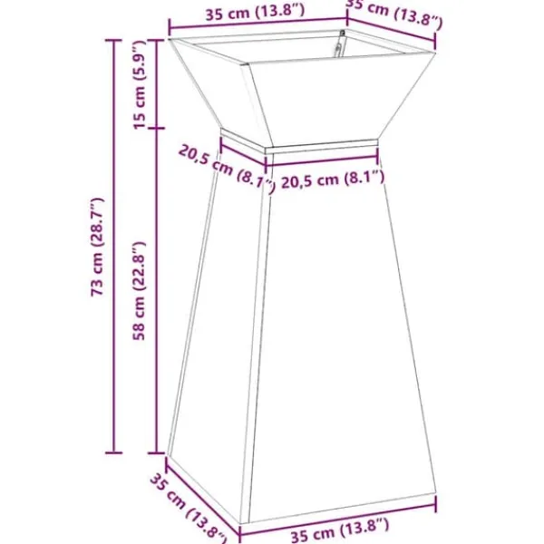 Krukker & Plantebeholdere^Søjle Plantekasse i stål – Moderne trapezoid design | Størrelse: 35x35x73 cm | Farve: Sølv