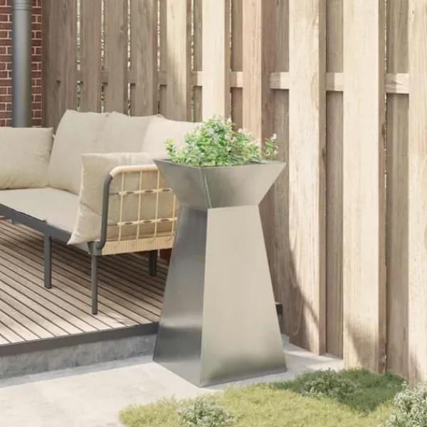 Krukker & Plantebeholdere^Søjle Plantekasse i stål – Moderne trapezoid design | Størrelse: 35x35x73 cm | Farve: Sølv