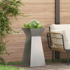 Plantestativer^Søjle Plantekasse i Stål - Moderne Trapezoid Design | Farve: Sølv | Størrelse: 35x35x73 cm