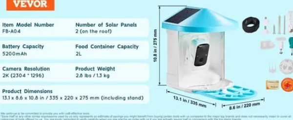 Sale Smart Fugl Foderautomat, 2K HD Kamera, Solcelledrevet, 2L Kapacitet,Blå Til Fugle & Småvildt