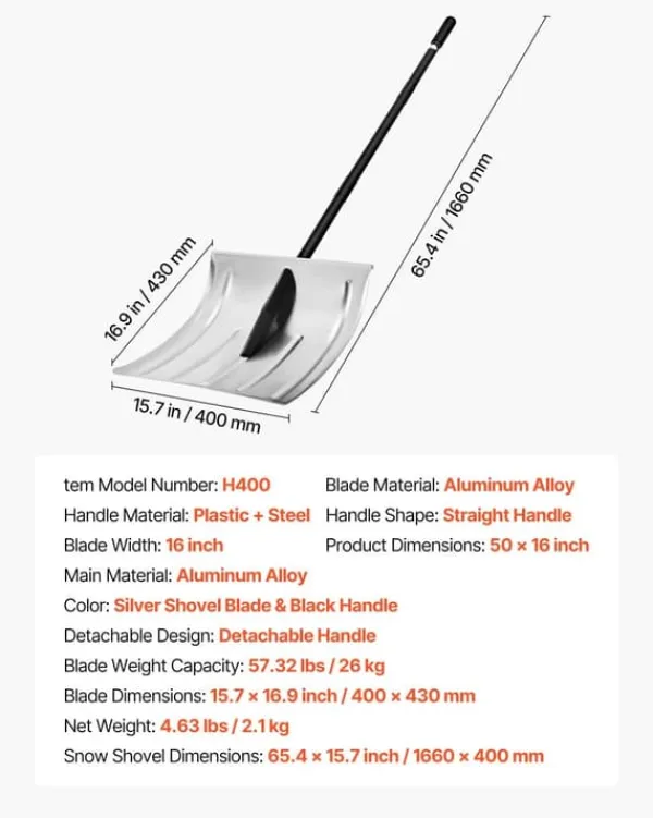Discount Sneskovl - Til Indkørsel - Bredde 40 cm - Aluminiumslegering - Skridsikkert Greb - Stor Kapacitet - Aftageligt Design - Letvægt Snerydning