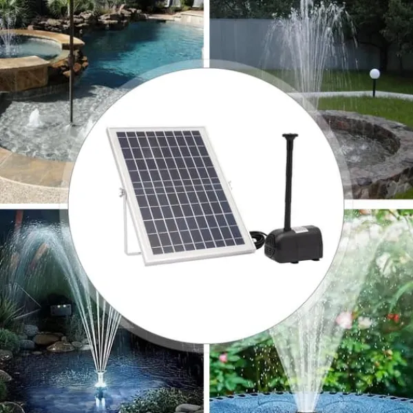 Sale Solcelle fontænepumpe til dam/pool/akvarium - Vandpumpe Sæt - 10 W - 24 V Børsteløs - Max 1000 l/t - Dyser Medfølger - Plast - Sort Springvand & Damme