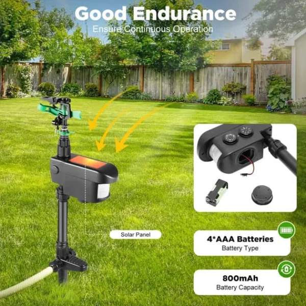 Online Solcelledrevet dyreskræmmer - Bevægelsessensor sprinkler - 0–270° sprayvinkel - 120° sensor - 5 s vandstød - 10/20/30 min vanding - 3–8 bar Vanding