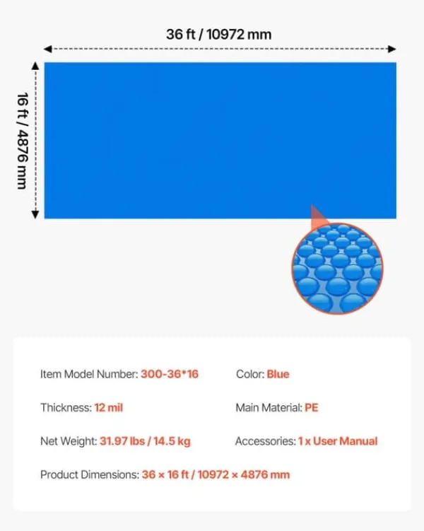 Pool- & Spatilbehør^Solfolie til pool - Rektangulær bobleoverdækning - 10,97 x 4,88 m - 0,30 mm - PE-materiale - Varmeabsorberende og -bevarende - Blå
