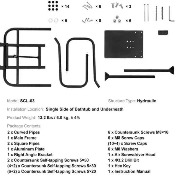 Outlet Spa Cover Lift, Hydraulisk Højde 33,1" - 41,3", Bredde 53,1" - 92,5", Justerbar, Under-sidet installation Pool- & Spatilbehør