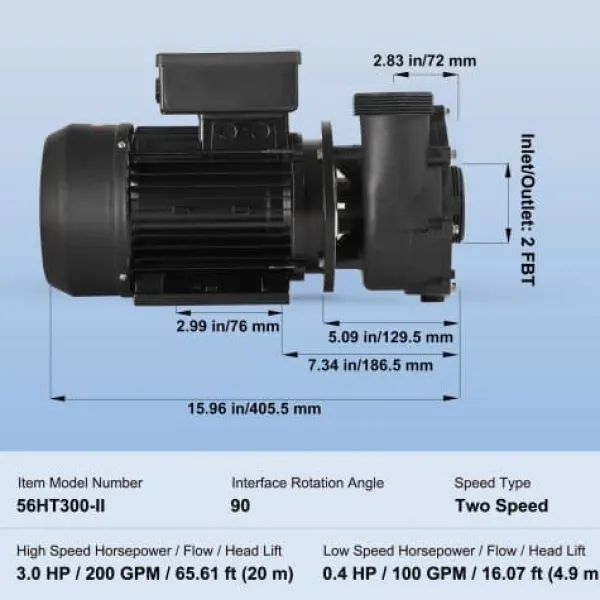 Spa & Udendørsbad^Spa pumpe, dobbelt hastighed, 56-ramme, 2" port, 90° roterende interface, TÜV certificeret