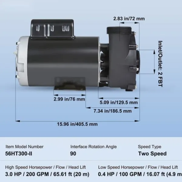 Hot Spa-pumpe med 2 hastigheder, 1600W, 39 M³/h, 15 M/400W, 19 M³/h, anti-lækage, overophedningsbeskyttelse, til hjemme- og udendørs spa. Spa & Udendørsbad