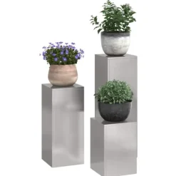 Outlet Sæt af 3 stilfulde planteholdere i rustfrit stål | Størrelse: 24x24x75 cm | Farve: Sølv Krukker & Plantebeholdere