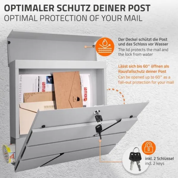 Ecd-Germany Postkasser & Brevindkast^Stående brevkasse med avisrum 37x37x11 cm lysegråt rustfrit stål inkl. stander sølv 120cm høj ML-Design
