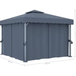 Clearance Stilfuld pavillon med gardiner og LED-lyskæder - Udendørshat med sollys | Farve: Antracitgrå | Størrelse: 3x3 m Telte & Lysthuse