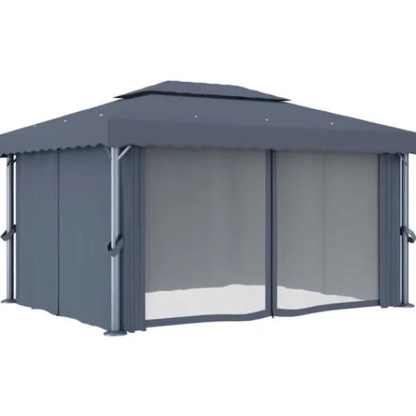 Telte & Lysthuse^Stilfuld pavillon med gardin - Udendørs festhus i aluminium | Farve: Antracitgrå | Størrelse: 4x3 m
