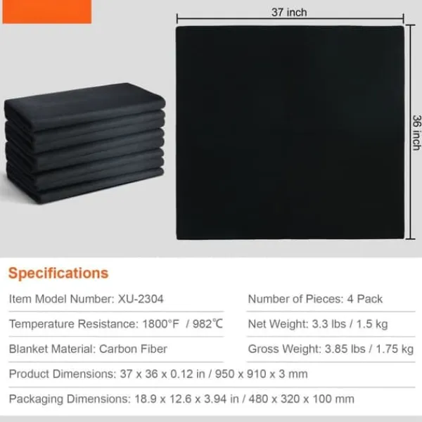 Sale Svejsetæppe i kulstoffilt 4-pak, 37"x36", flammehæmmende, varmebestandigt op til 980°C, skærbar isoleringspude. Brandtæppe