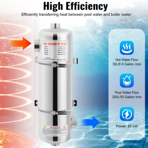 Pool- & Spatilbehør^Svømmebadsvarmer, 60 KW effekt, 250 L/min svømmebadsvandstrøm, 30 L/min varmtvandsstrøm, maks. tryk 145 PSI, maks. temperatur 110℃ / 230 °F