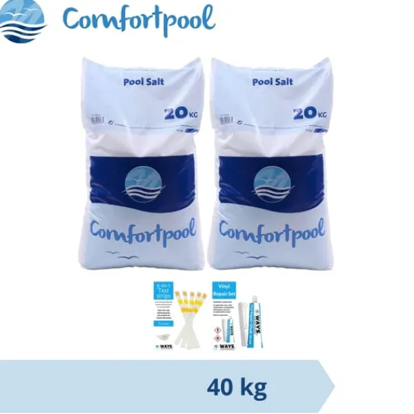 Pool- & Spatilbehør^Svømmebassin salt Comfortpool - 40 kg (2 x 20) & WAYS Reparationssæt og teststrimler
