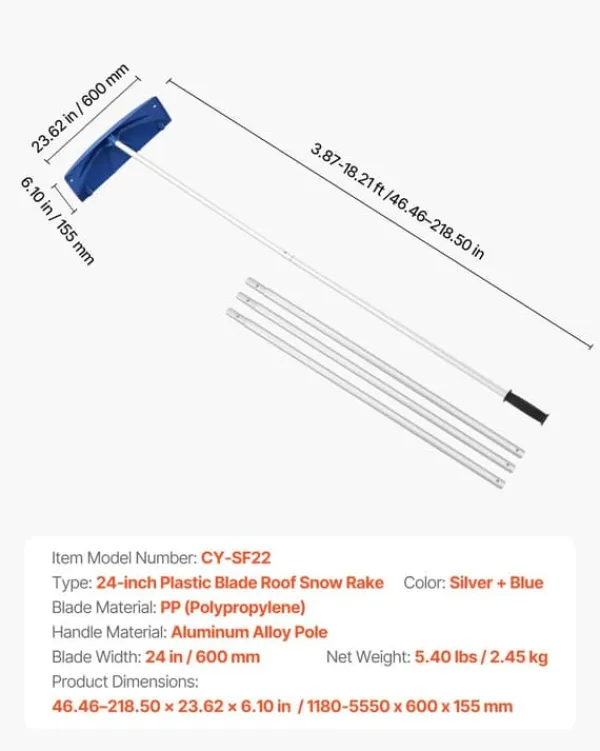 New Tagrive - Tagsneskraber med hjul - 60 cm PP-blad - 1,18–5,55 m Teleskopskaft - Skridsikkert Håndtag - Letvægt - Til Sne, Blade og Affald Snerydning
