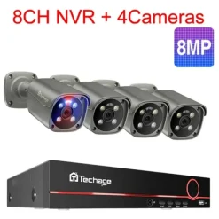 New Techage Sikkerhedskamera System, 8 Kanal NVR, AI Menneske Detektion,8CH 4Stk 8MP Kamera, Ingen Sikkerhedsmonitorer & Videokameraer