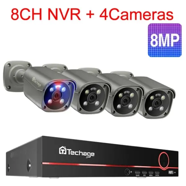 New Techage Sikkerhedskamera System, 8 Kanal NVR, AI Menneske Detektion,8CH 4Stk 8MP Kamera, Ingen Sikkerhedsmonitorer & Videokameraer