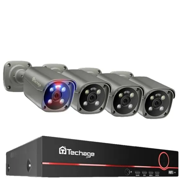 Sikkerhedsmonitorer & Videokameraer^Techage Sikkerhedskamera System, 8 Kanal NVR, AI Menneske Detektion,8CH 4 stk 8MP kamera, 1T