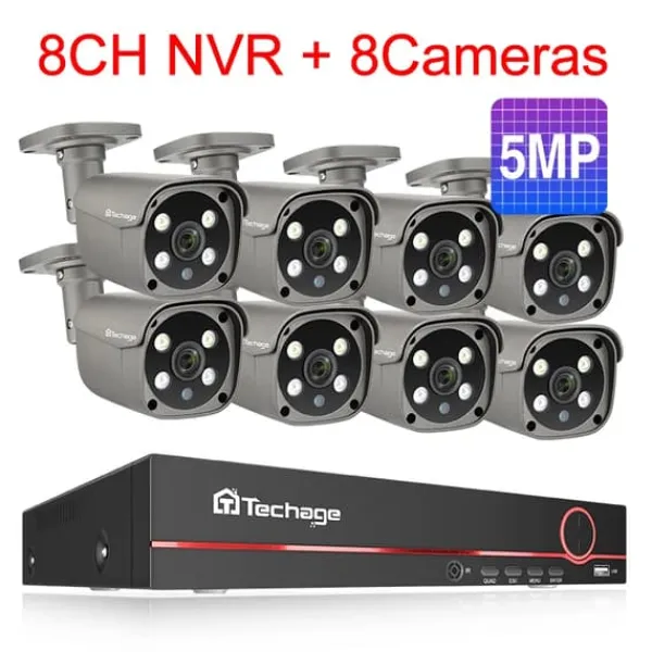 Sikkerhedsmonitorer & Videokameraer^Techage Sikkerhedskamera System, 8 Kanal NVR, AI Menneske Detektion,8CH 8Stk 5MP Kamera, Ingen