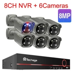 Discount Techage Sikkerhedskamera System, 8 Kanal NVR, AI Menneske Detektion,8CH 6 stk 8MP kamera, Ingen Sikkerhedsmonitorer & Videokameraer
