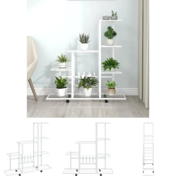 The Living Store blomsterstativ med hjul 94,5x25x92,5 cm metal hvid - Planteborde Plantestativer