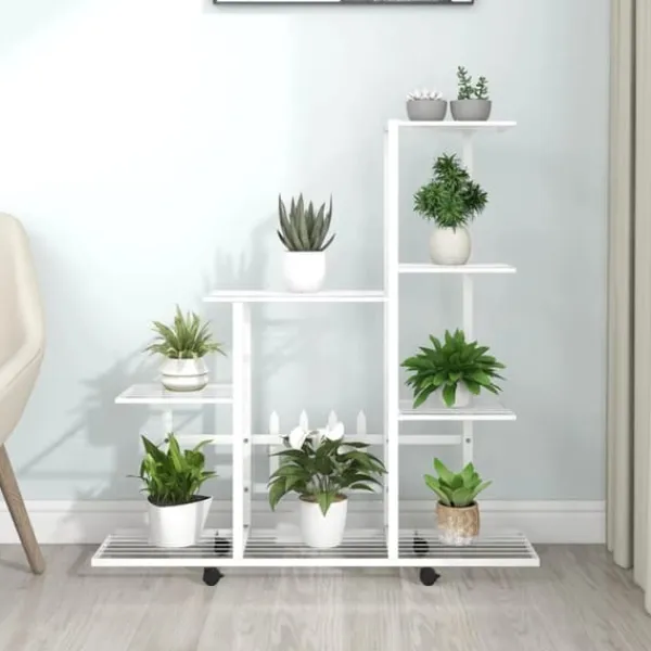 The Living Store blomsterstativ med hjul 94,5x25x92,5 cm metal hvid - Planteborde Plantestativer
