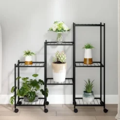 Plantestativer^The Living Store blomsterstativ med hjul 83x25x83,5 cm jern sort - Planteborde