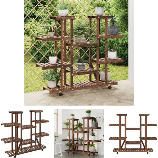 New The Living Store blomsterstativ med hjul 110x25x115 cm massivt fyrretræ - Planteborde Plantestativer
