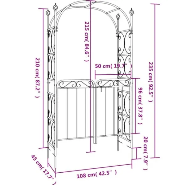 Discount The Living Store havebue med låge 108x45x235 cm stål sort - Havebuer, espalierer & pergolaer Buer, Spalier, Lysthuse Uden Tag