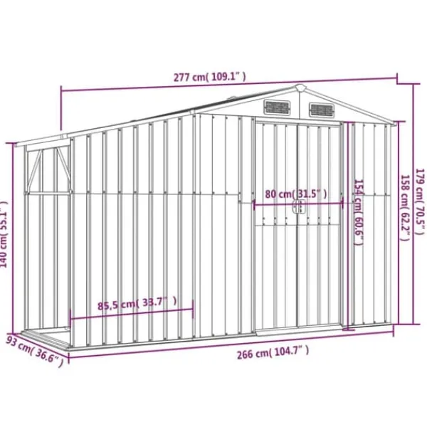 Discount The Living Store haveskur 277x93x179 cm galvaniseret stål antracitgrå - Skure & Redskabsskure Skure, Garager & Carports