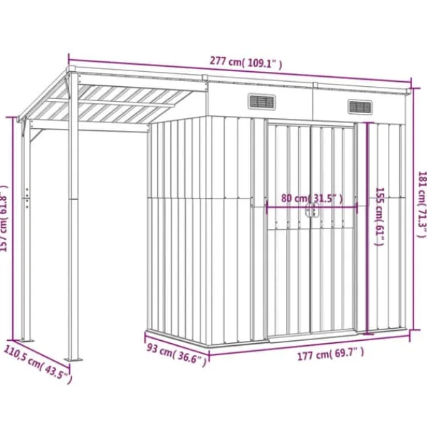 Discount The Living Store haveskur med udvidet tag 277x110,5x181 cm stål lysebrun - Skure & Redskabsskure Skure, Garager & Carports