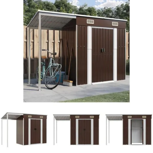 Clearance The Living Store haveskur med udvidet tag 277x110,5x181 cm stål brun - Skure & Redskabsskure Skure, Garager & Carports