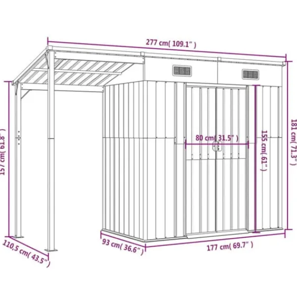 Clearance The Living Store haveskur med udvidet tag 277x110,5x181 cm stål brun - Skure & Redskabsskure Skure, Garager & Carports