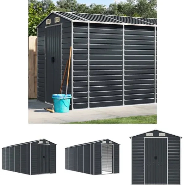 Clearance The Living Store haveskur 191x470x198 cm galvaniseret stål antracitgrå - Skure & Redskabsskure Skure, Garager & Carports