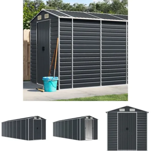The Living Store haveskur 191x640x198 cm galvaniseret stål antracitgrå - Skure & Redskabsskure Skure, Garager & Carports