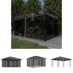 Telte & Lysthuse^The Living Store pavillon med myggenet og LED-lyskæder 4x3x2,73 m antracitgrå - Festtelte & havepavilloner