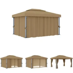 Telte & Lysthuse^The Living Store pavillon med gardin 4x3 m aluminium gråbrun - Festtelte & havepavilloner