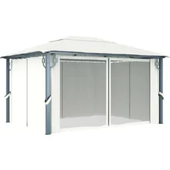 Sale The Living Store pavillon med gardin + LED-lyskæder 400x300 cm aluminium creme - Festtelte & havepavilloner Telte & Lysthuse
