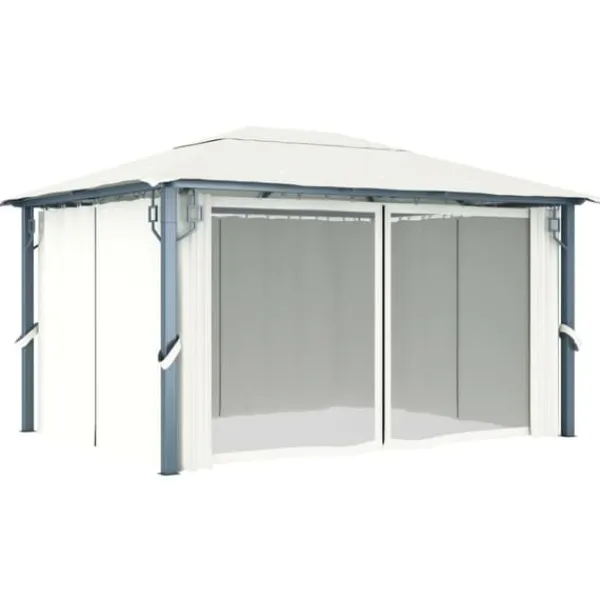 Sale The Living Store pavillon med gardin + LED-lyskæder 400x300 cm aluminium creme - Festtelte & havepavilloner Telte & Lysthuse