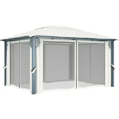 Sale The Living Store pavillon med gardin + LED-lyskæder 400x300 cm aluminium creme - Festtelte & havepavilloner Telte & Lysthuse