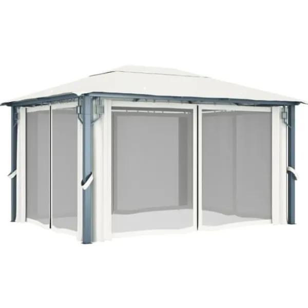 Sale The Living Store pavillon med gardin + LED-lyskæder 400x300 cm aluminium creme - Festtelte & havepavilloner Telte & Lysthuse
