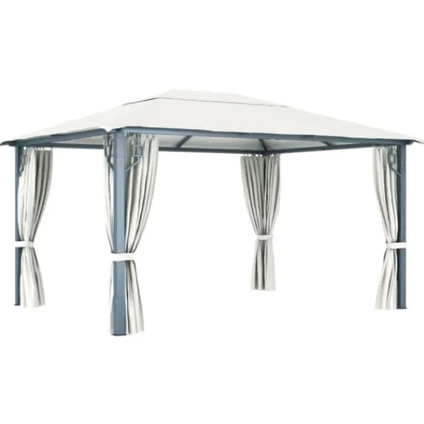 Sale The Living Store pavillon med gardin + LED-lyskæder 400x300 cm aluminium creme - Festtelte & havepavilloner Telte & Lysthuse