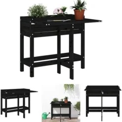 Plantningsbænke^The Living Store plantekasse med foldbar bordplade massivt fyrretræ sort - Plantekrukker