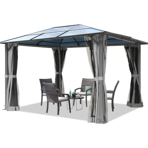 Telte & Lysthuse^TOOLPORT Havepavillon 3x3,65 m tag af polycarbonat ca. 6 mm - Hardtop pavillon inkl. 4 sidegardiner & 4 myggenet grå